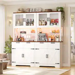 Aheaplus - 71'' Tall Pantry Cabinet with Power Outlets & LED Light, Storage Cabinet with 2 Drawers & DIY Pegboard, 2 Piece Set - White & Brown
