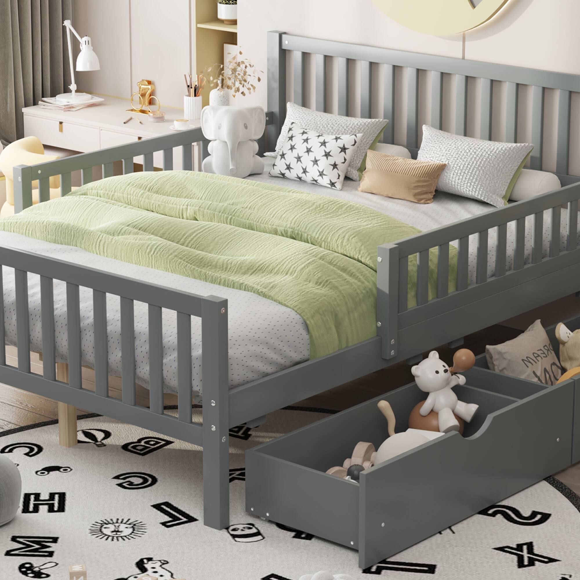 Alt View 8. GOODSILO - Full Size Wood Platform Bed with Guardrails, Storage Drawers, and Minimalist Headboard for Modern Bedrooms - Gray.