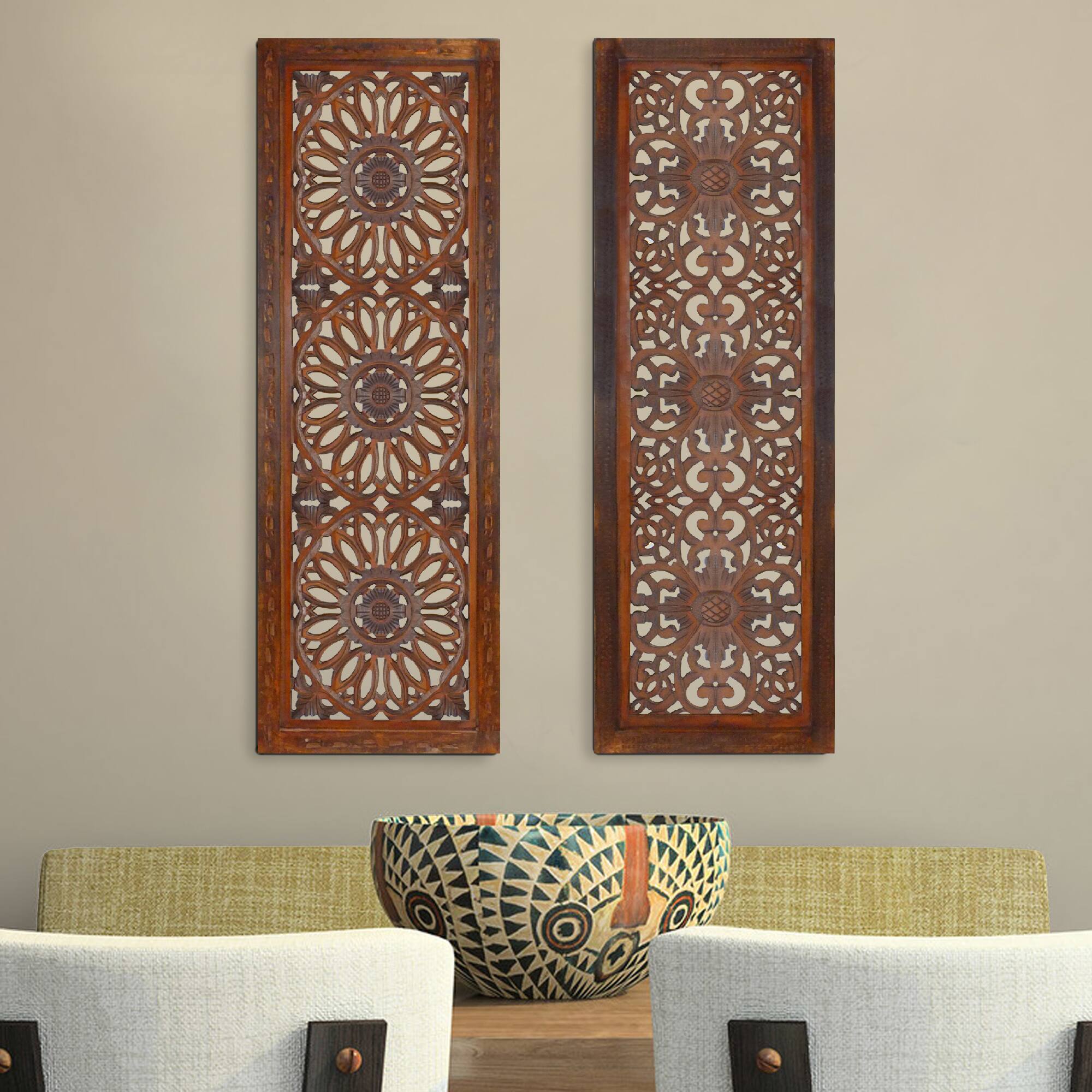 Alt View 5. Manhattan Lane - Set of 2 Hand Carved Mango Wood Wall Panels: Burnt Brown Medallion Design - Brown.