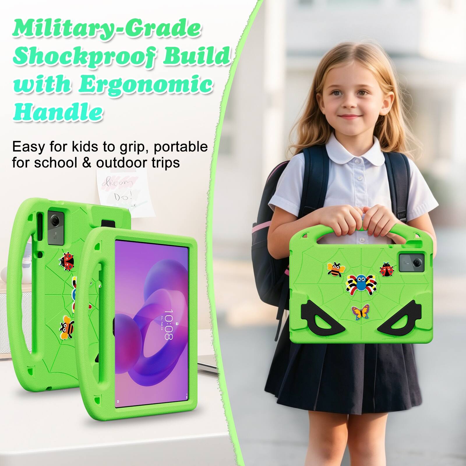 Military-Grade Shockproof Build with Ergonomic Handle  
Easy for kids to grip, portable for school & outdoor trips  
COMICS POLICE  
10:08