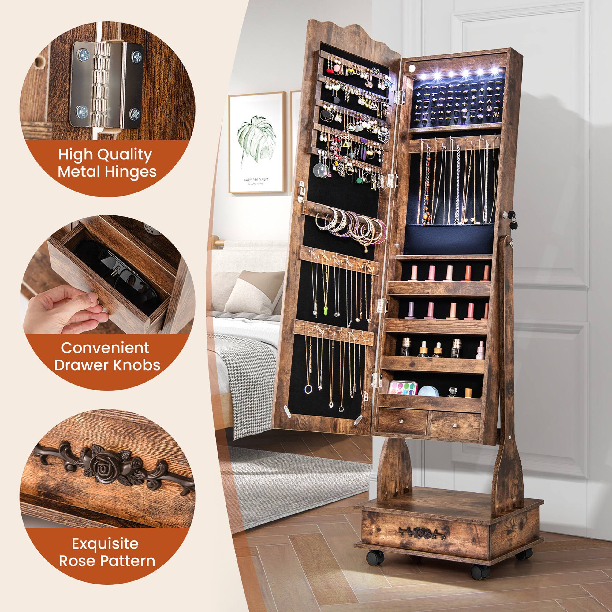 High Quality Metal Hinges  
Convenient Drawer Knobs  
Exquisite Rose Pattern