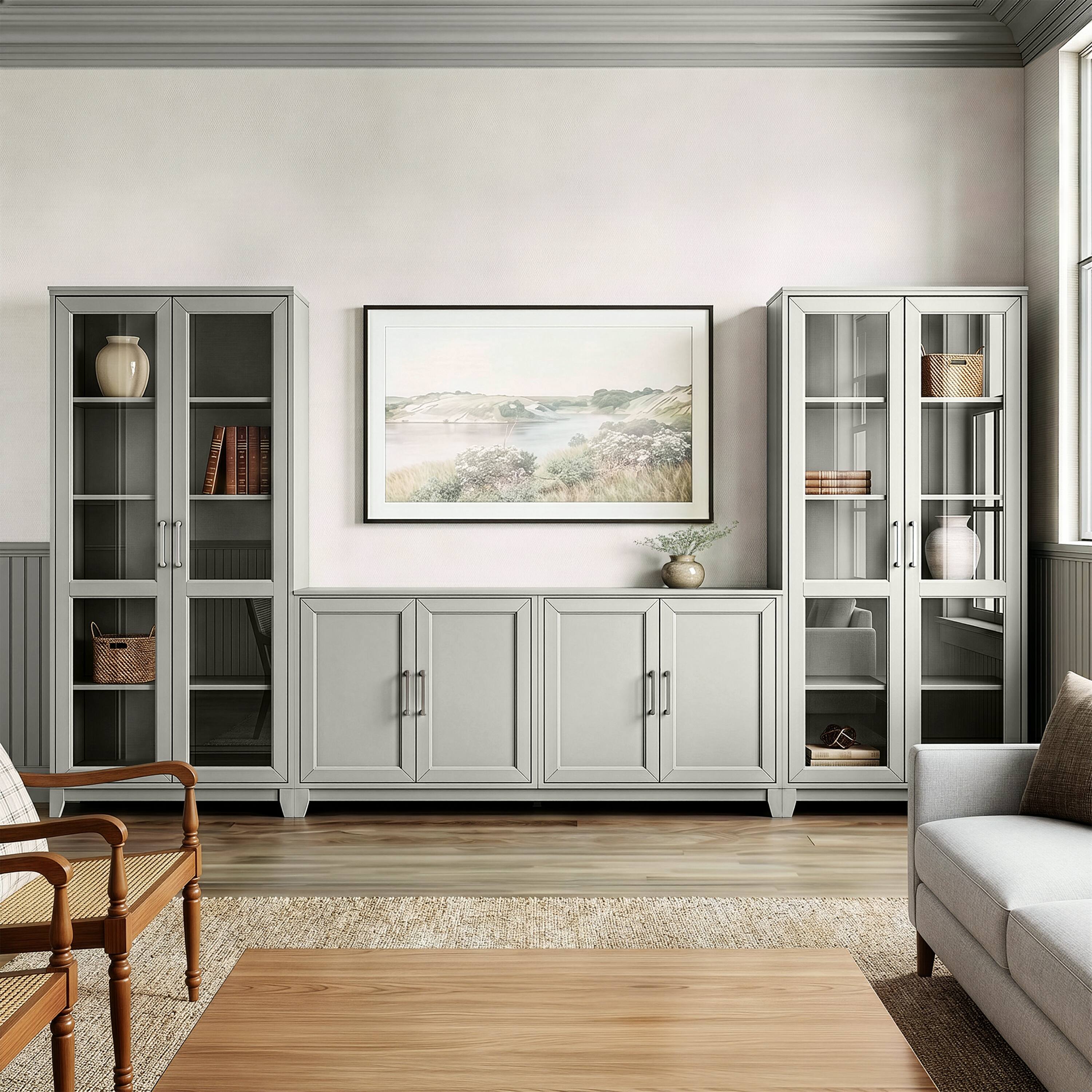 Alt View 5. Martha Stewart - 4 Door TV Stand with 2 Tall Media Cabinets - Bedford Gray/Brushed Stainless Steel Hardware.