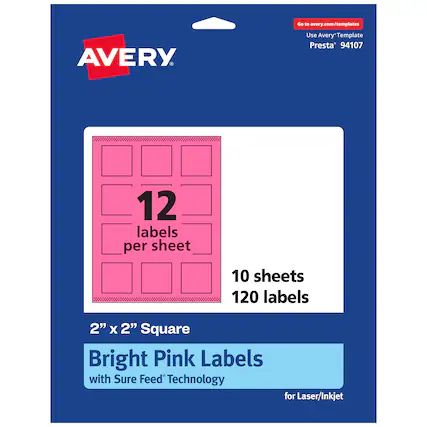 Go to avery.com/templates
AVERY
Use Avery Template Presta* 94107
12 labels per sheet
10 sheets
120 labels
2" x 2" Square
Bright Pink Labels with Sure Feed Technology for Laser/Inkjet