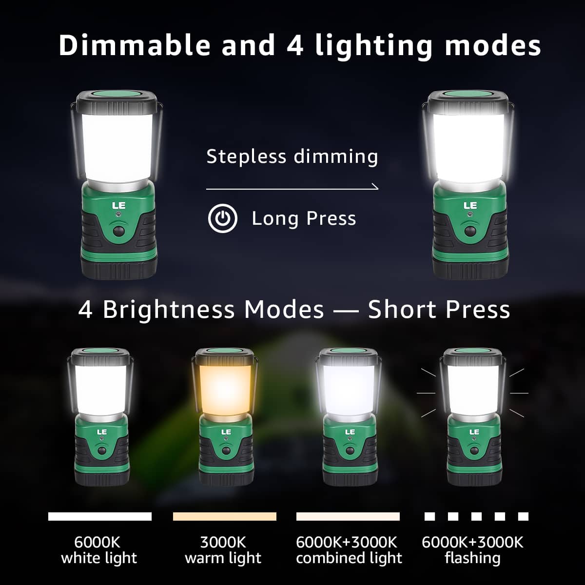 Dimmable and 4 lighting modes: Stepless dimming, Long Press, and Short Press. LE 6000K white light, 3000K, 6000K+3000K, and 6000K+3000K+warm light combined light flashing.