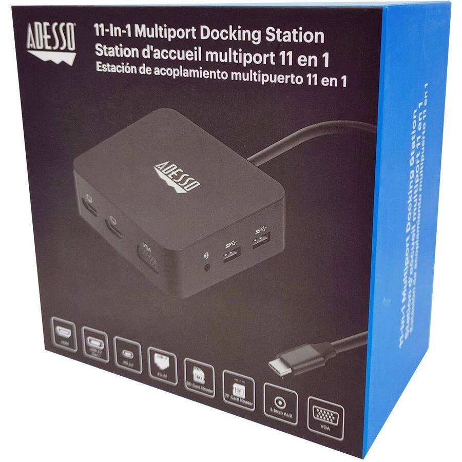 ADESSO 11-In-1 Multiport Docking Station  
Station d'accueil multiport 11 en 1  
Estación de acoplamiento multipuerto 11 en 1  

- USB 3.0  
- USB 2.0  
- HDMI  
- VGA  
- 3.5mm AUX  
- Ethernet  
- SD/MMC/MS Card Reader  
- USB Charging Port  
- USB 3.0  
- USB 2.0  
- USB 2.0