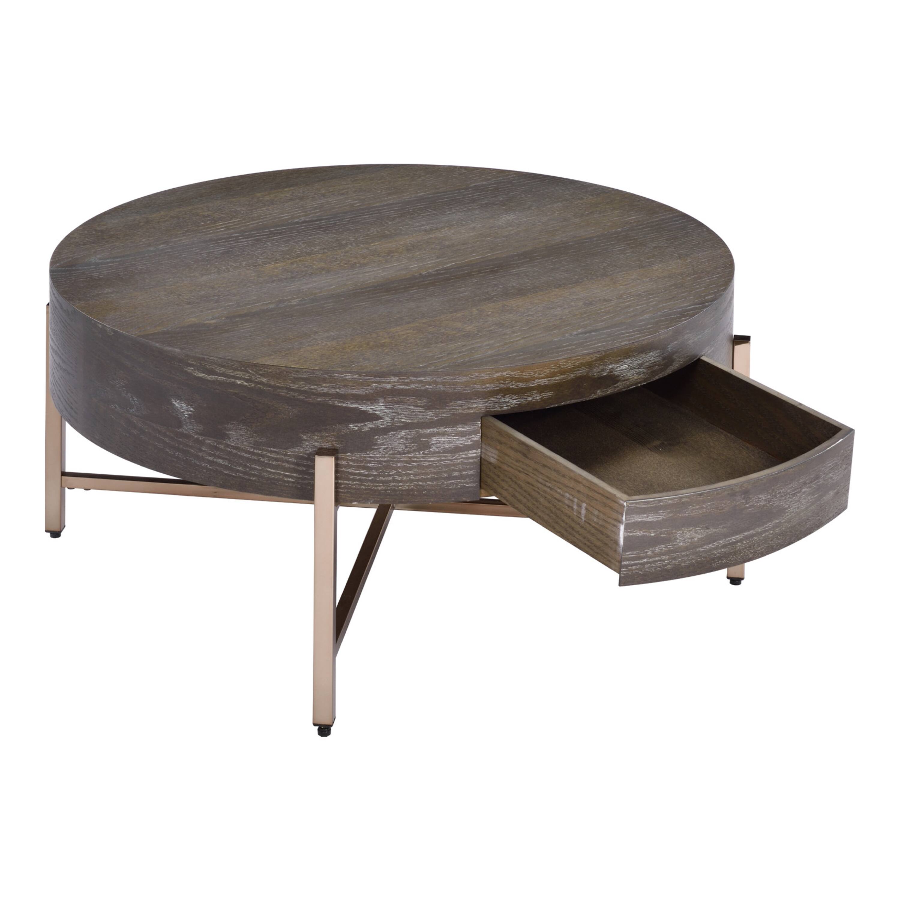 Alt View 3. Manhattan Lane - 1 Drawer Round Modern Coffee Table with Crossed Metal Legs - Brown, Gold.