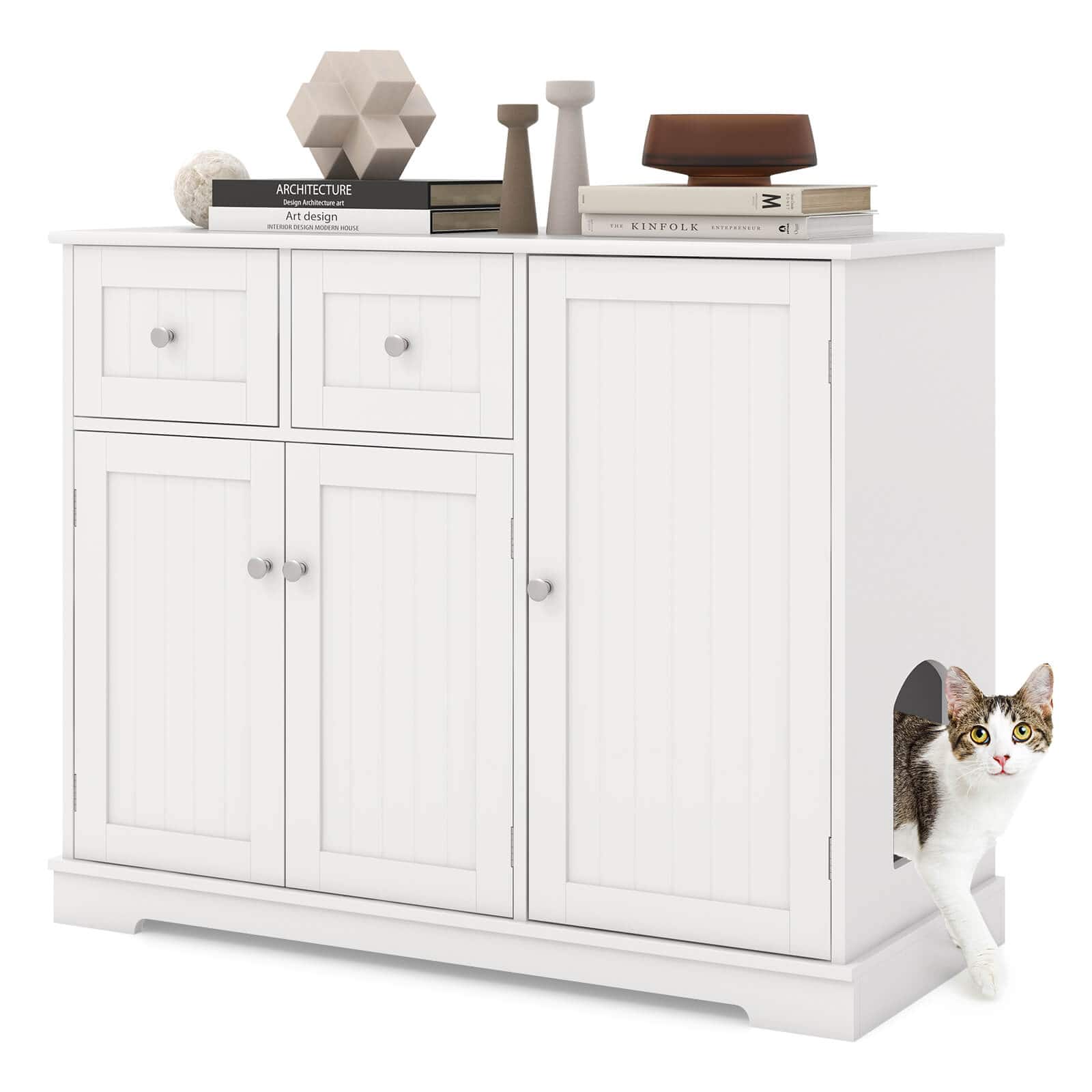 Costway - Cat Litter Box Enclosure with 2 Drawers 3 Doors Anti-Toppling Devices Storage - White price history on PriceWatchPro