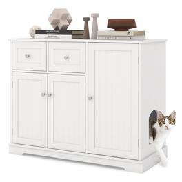 Costway - Cat Litter Box Enclosure with 2 Drawers 3 Doors Anti-Toppling Devices Storage - White