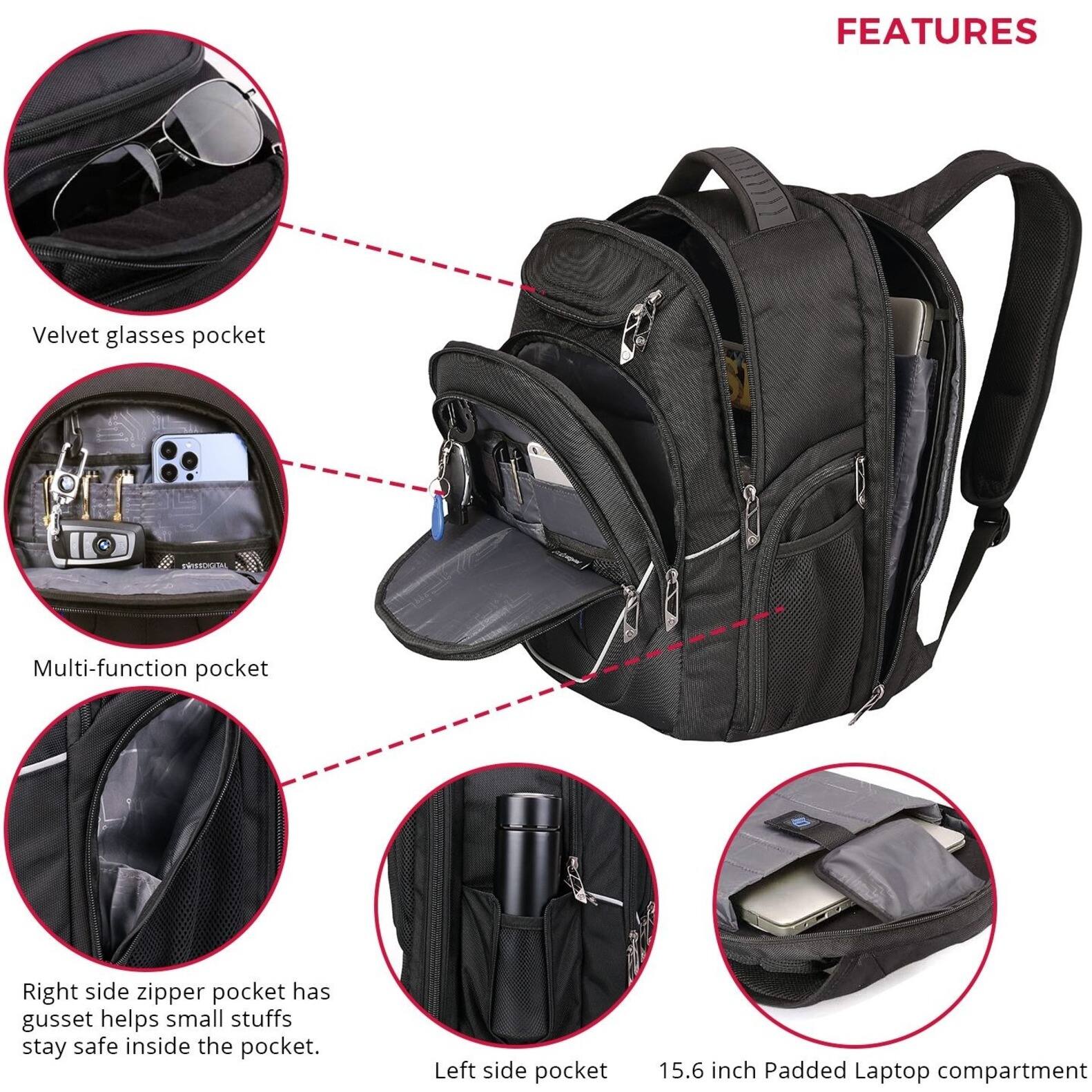 FEATURES:
1. Velvet glasses pocket
2. Multi-function pocket
3. Right side zipper pocket with gusset to hold small items securely
4. Left side pocket
5. 15.6 inch padded laptop compartment
These features are designed to provide convenience and organization for the user, making it easy to keep their belongings safe and accessible.