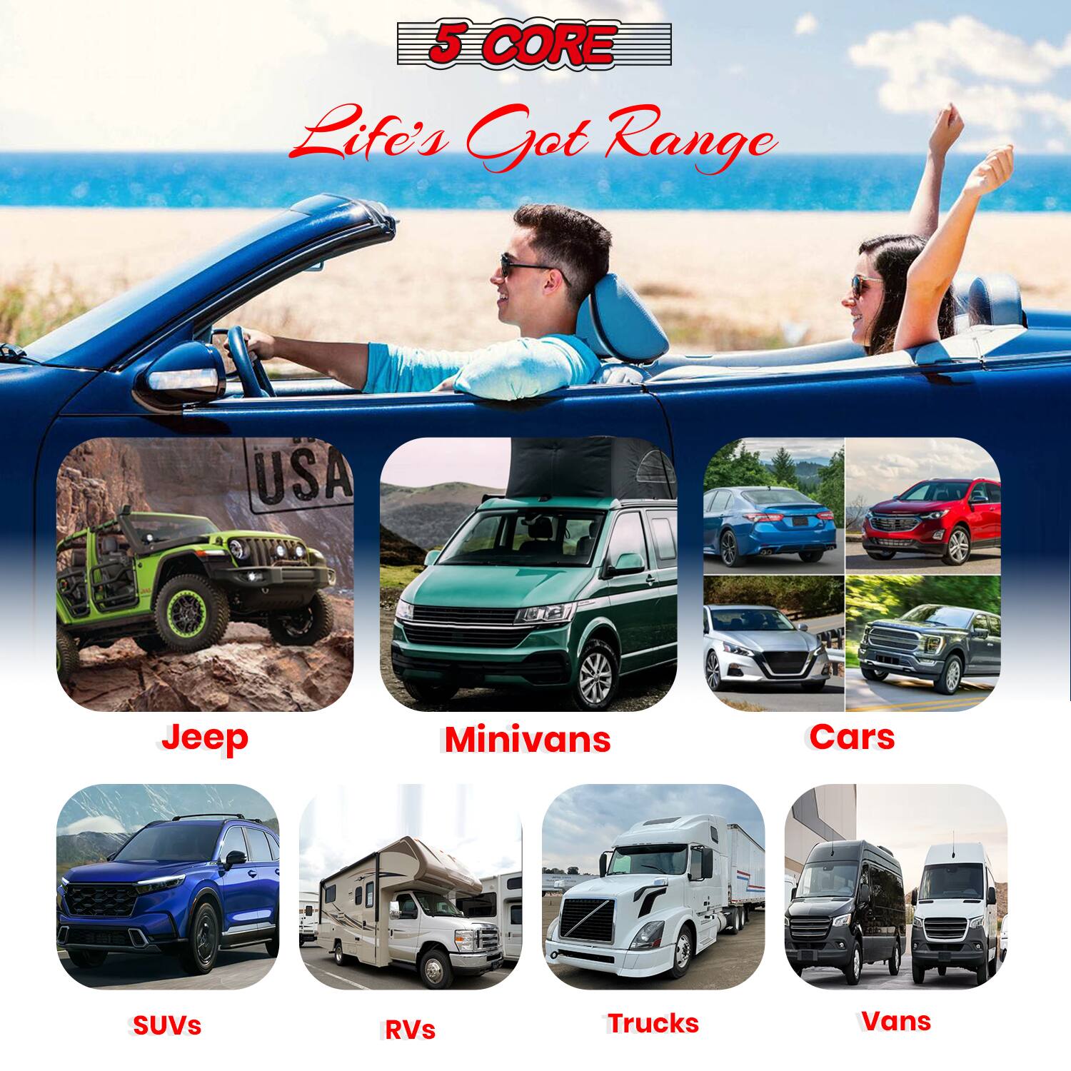 5 CORE  
Life's Got Range  

USA IA Jeep Minivans Cars SUVs RVs Trucks Vans
