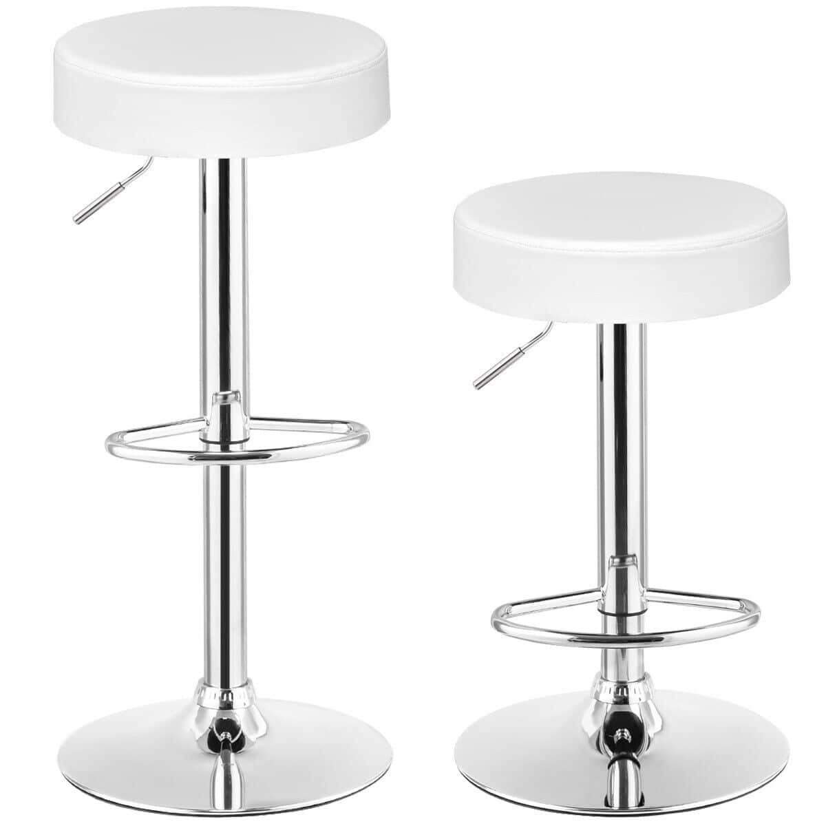 Gymax - Set of 2 Adjustable Round Leather Seat Hydraulic Swivel Bar Stool - White