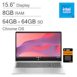 HP - Chromebook 15 15.6" HD Laptop - Intel Processor N200 with 8GB LPDDR5 Memory - 128GB Storage - IST SD Card - Chrome OS - Natural Silver