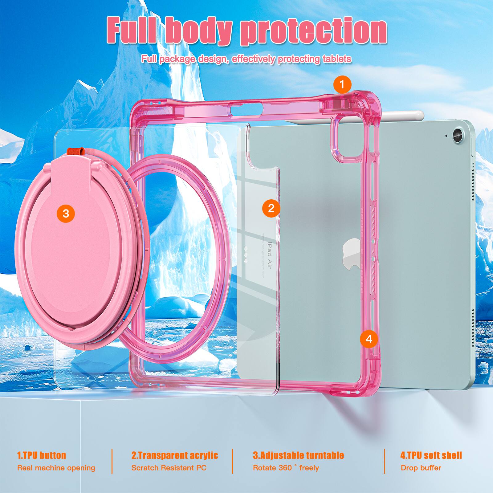 Full body protection  
Full package design, effectively protecting tablets  

1. TPU button  
Real machine opening  

2. Transparent acrylic  
Scratch Resistant PC  

3. Adjustable turntable  
Rotate 360° freely  

4. TPU soft shell  
Drop buffer