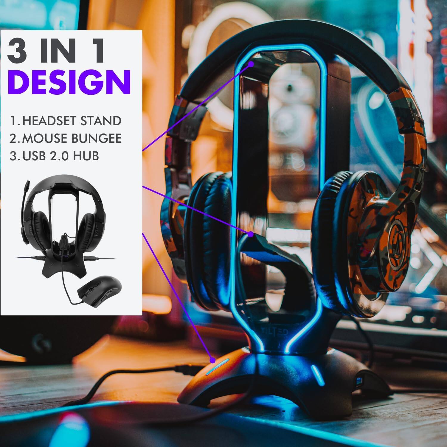 3 IN 1 DESIGN  
1. HEADSET STAND  
2. MOUSE BUNGEE  
3. USB 2.0 HUB