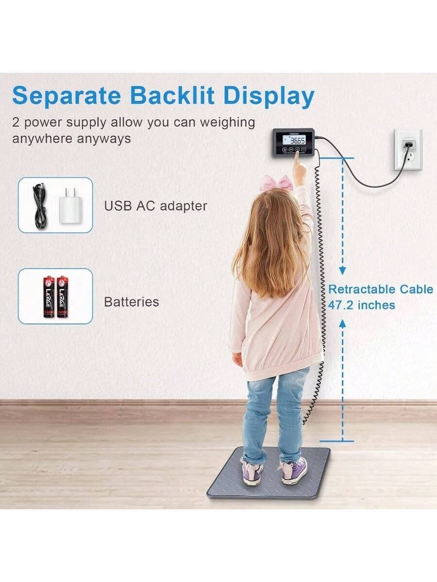 Separate Backlit Display  
2 power supply allow you to weigh anywhere anyways  
USB AC adapter  
Batteries  
Retractable Cable 47.2 inches