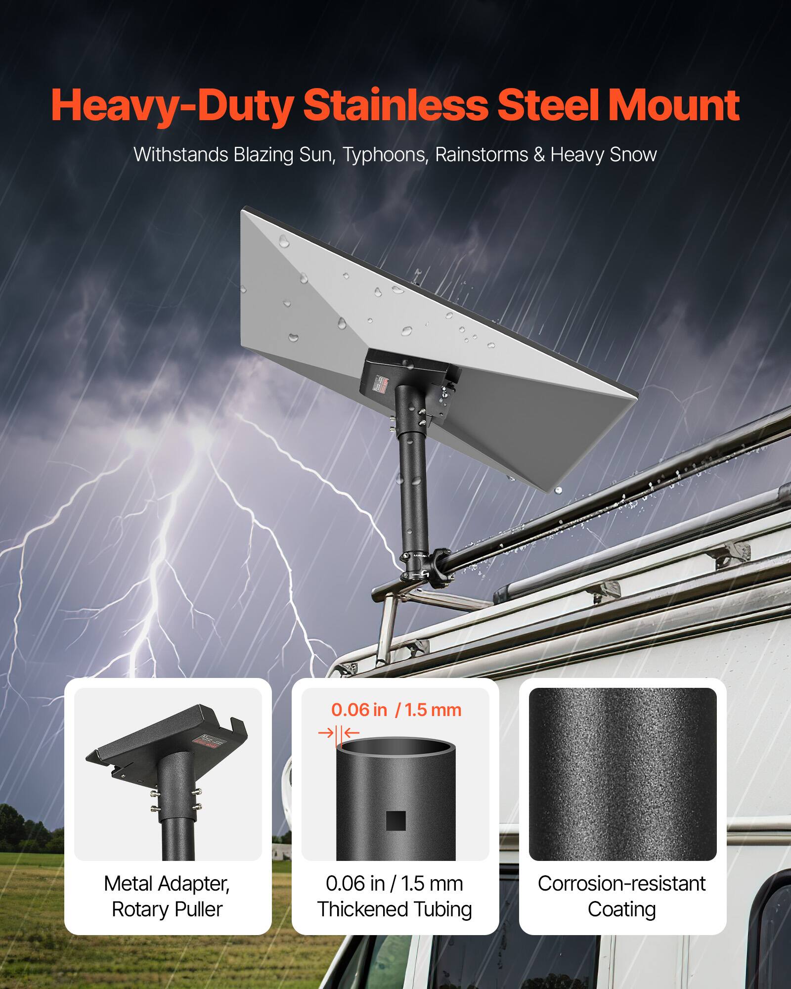 Heavy-Duty Stainless Steel Mount
Withstands Blazing Sun, Typhoons, Rainstorms & Heavy Snow
0.06 in / 1.5 mm Metal Adapter, Rotary Puller
0.06 in / 1.5 mm Corrosion-resistant Thickened Tubing Coating