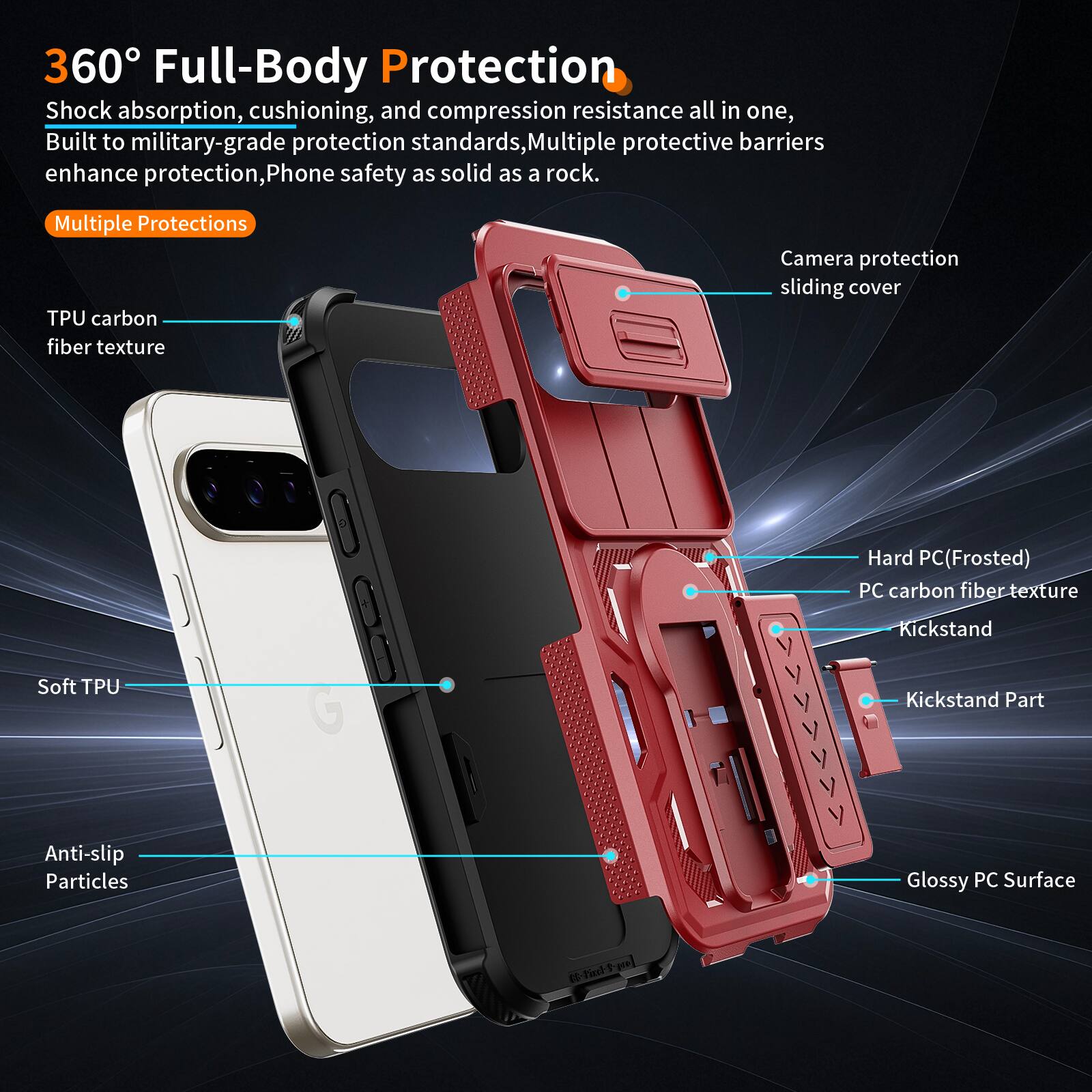 360° Full-Body Protection  
Shock absorption, cushioning, and compression resistance all in one, Built to military-grade protection standards, Multiple protective barriers enhance protection, Phone safety as solid as a rock.  

Multiple Protections  
- TPU carbon fiber texture  
- Soft TPU  
- Anti-slip Particles  
- Camera protection sliding cover  
- Hard PC (Frosted)  
- PC carbon fiber texture  
- Kickstand  
- Kickstand Part  
- Glossy PC Surface