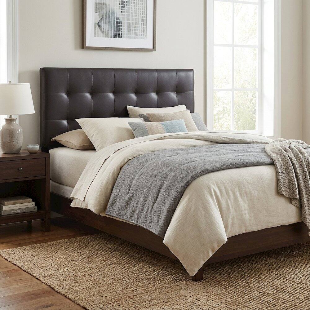 Left. FurniFact - Upholstered Vinyl Full Headboard with Plush Padding and Sleek Design - Brown.