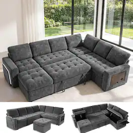 Dyonery - 7-Seat Modular Sectional Sleeper Sofa with Pull-Out Bed, Reclining Backrest, USB Ports, Table, LED Lights,Gray - Gray