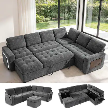 Front. Dyonery - Dyonery 7-Seat Modular Sectional Sleeper Sofa with Pull-Out Bed, Reclining Backrest, USB Ports, Table, LED Lights,Gray - Gray.