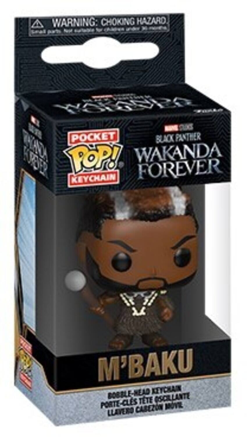 WARNING: CHOKING HAZARD, POCKET POP! BLACK PANTHER WAKANDA FOREVER KEYCHAIN, M'BAKU, BOBBLE-HEAD KEYCHAIN, PORTE-CLÈS TÊTE OSCILLANTE, LLAVERO CABEZON MOVIE