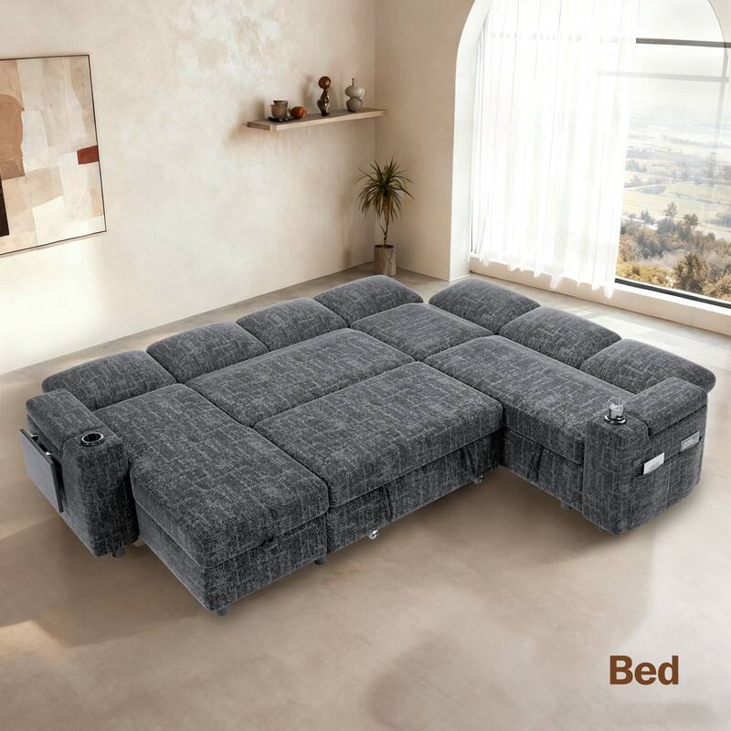 Angle. Dyonery - 110" Modular 7 Seat L Shaped Couch with Reclining Backrest|USB Ports|Cup Holders|Side Table|Storage Chaise Armrests - Grey.