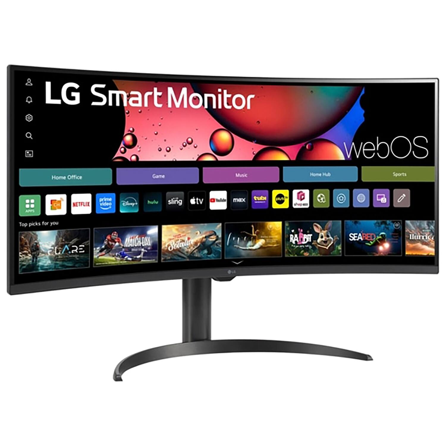 LG Smart Monitor  
WebOS  

Home Office  
Game  
Music  
Home Hub  
Sports  

Top picks for you  
PLARE  
MATCHOAY  
Sdlalia  
RARBT  
SEARED  
Hurro  

Netflix  
prime video  
Disney+  
hulu  
sling tv  
tubi  
DM  
Top picks for you  
PLARE  
MATCHOAY  
Sdlalia  
RARBT  
SEARED  
Hurro
