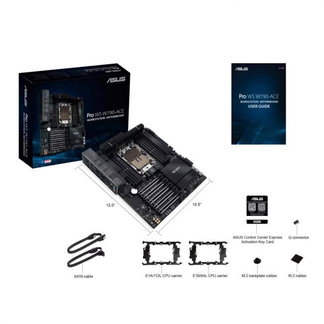 ASUS Pro WS W790-ACE Motherboard  
Workstation Motherboard User Guide 12.0 10.5  
SATA Cable  
E1A/112L CPU Carrier  
E1B/64L CPU Carrier  
M.2 Backplate Rubber  
M.2 Subber  
ASUS Control Center Express Activation Key Card  
Q Connector