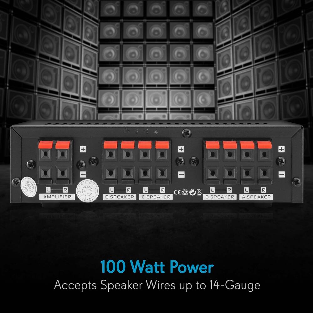 P + + + 1 RAY + L R 1s NO AMPLIFIER 1 1 N . f - 3 L R L R CE D SPEAKER C SPEAKER L R L R SPEAKER A SPEAKER 100 Watt Power Accepts Speaker Wires up to 14-Gauge

100 Watt Power  
Accepts Speaker Wires up to 14-Gauge