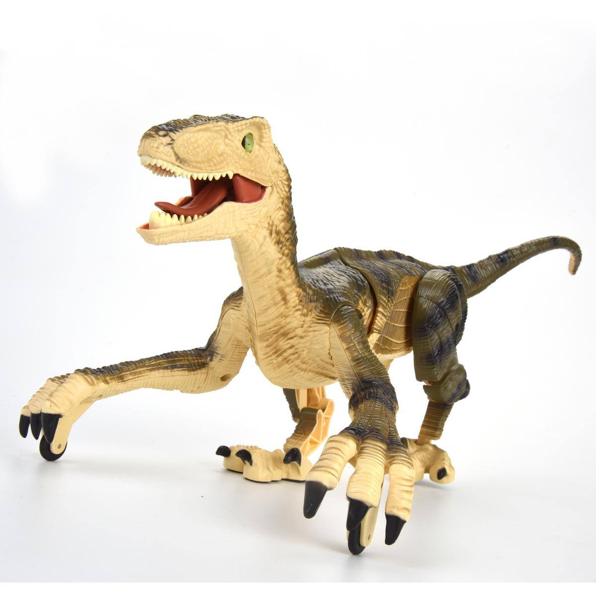 Back. JuzToys - Remote Control Dinosaur Toy, Velociraptor RC Dino Toy with 3D Eye LED Light, Roaring & Shaking Head – Yellow - Yellow.
