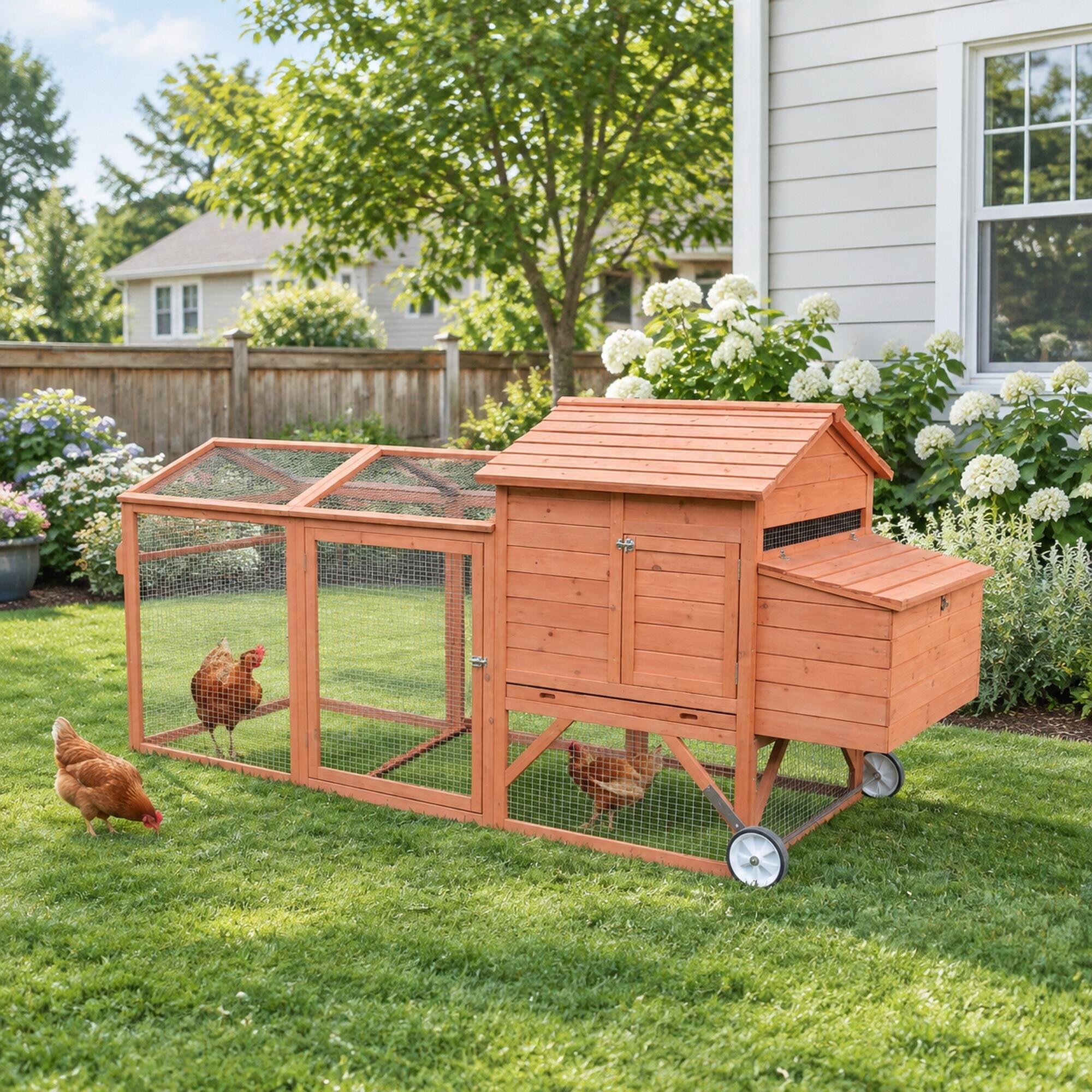 Back. RYHNUYNE - Wooden Chicken Coop, Portable Hen House with Wheels, Nesting Box, Outdoor Run, Natural.