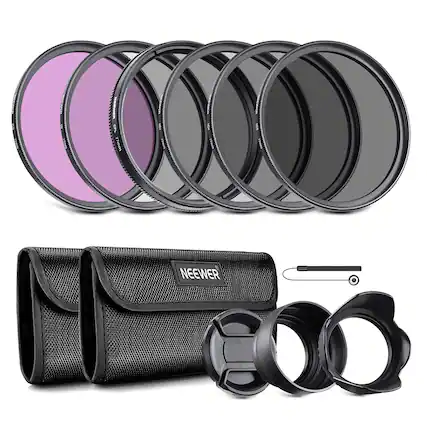 Front. Neewer - 77mm 8-in-1 Lens Filter Kit: UV/CPL/FLD/ND2/4/8 + Hood & Cap, Universal - Black.