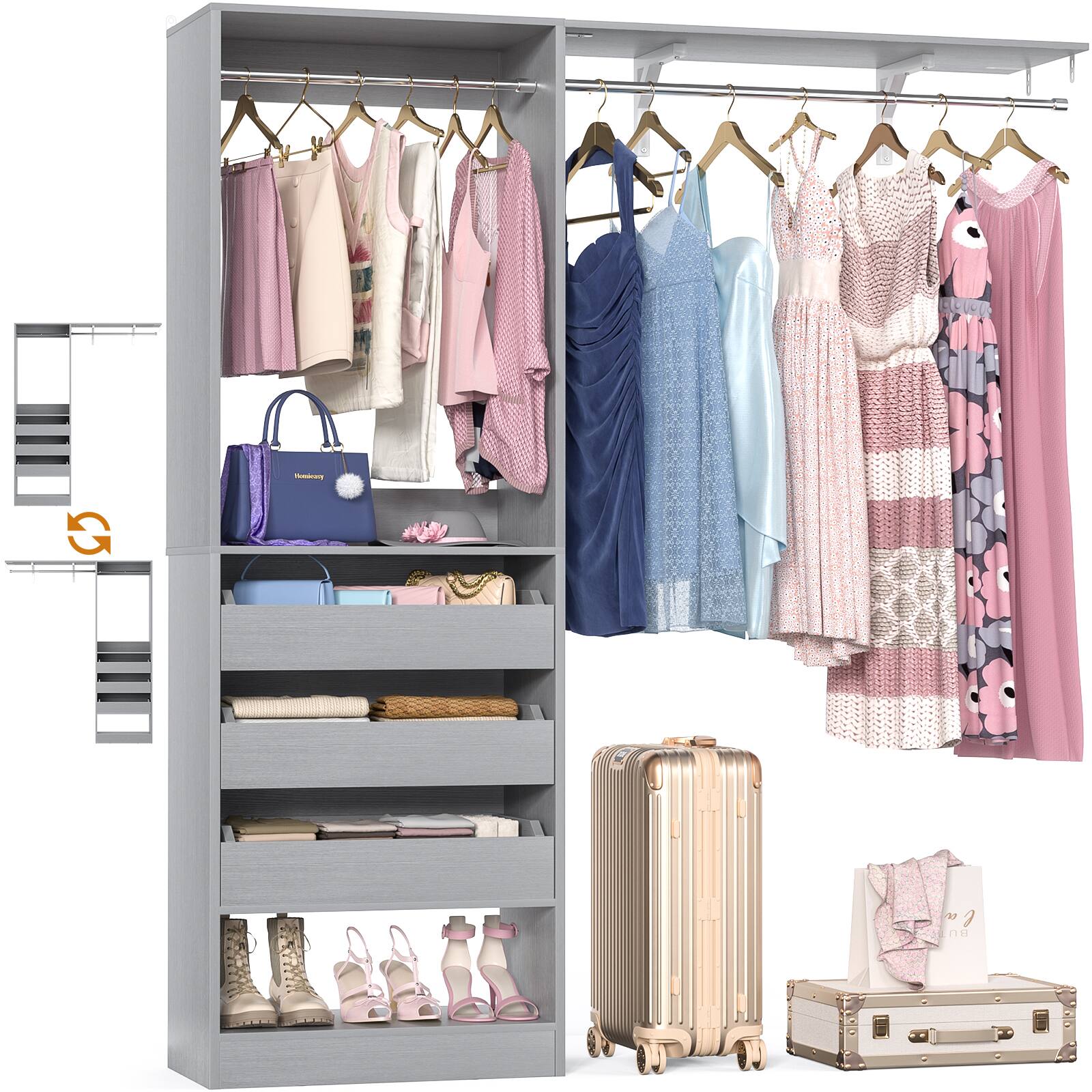 Alt View 4. Aheaplus - 60'' Wide Closet System with 3 Drawers, 2 Hanging Rods, and Side Shelf, Hanging Closet for Closet, Bedroom - Gray.