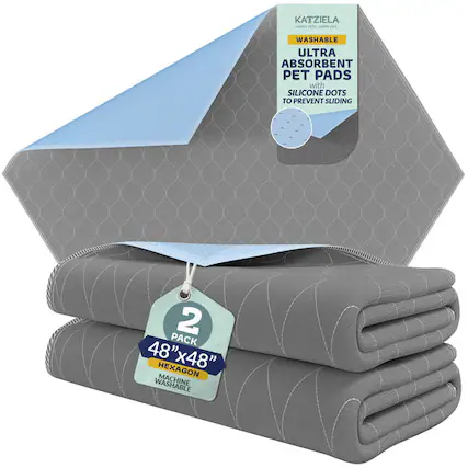 KATZIELA WASHABLE ULTRA ABSORBENT PET PADS with SILICONE DOTS TO PREVENT SLIDING
2 PACK
48"x48" HEXAGON
WASHABLE