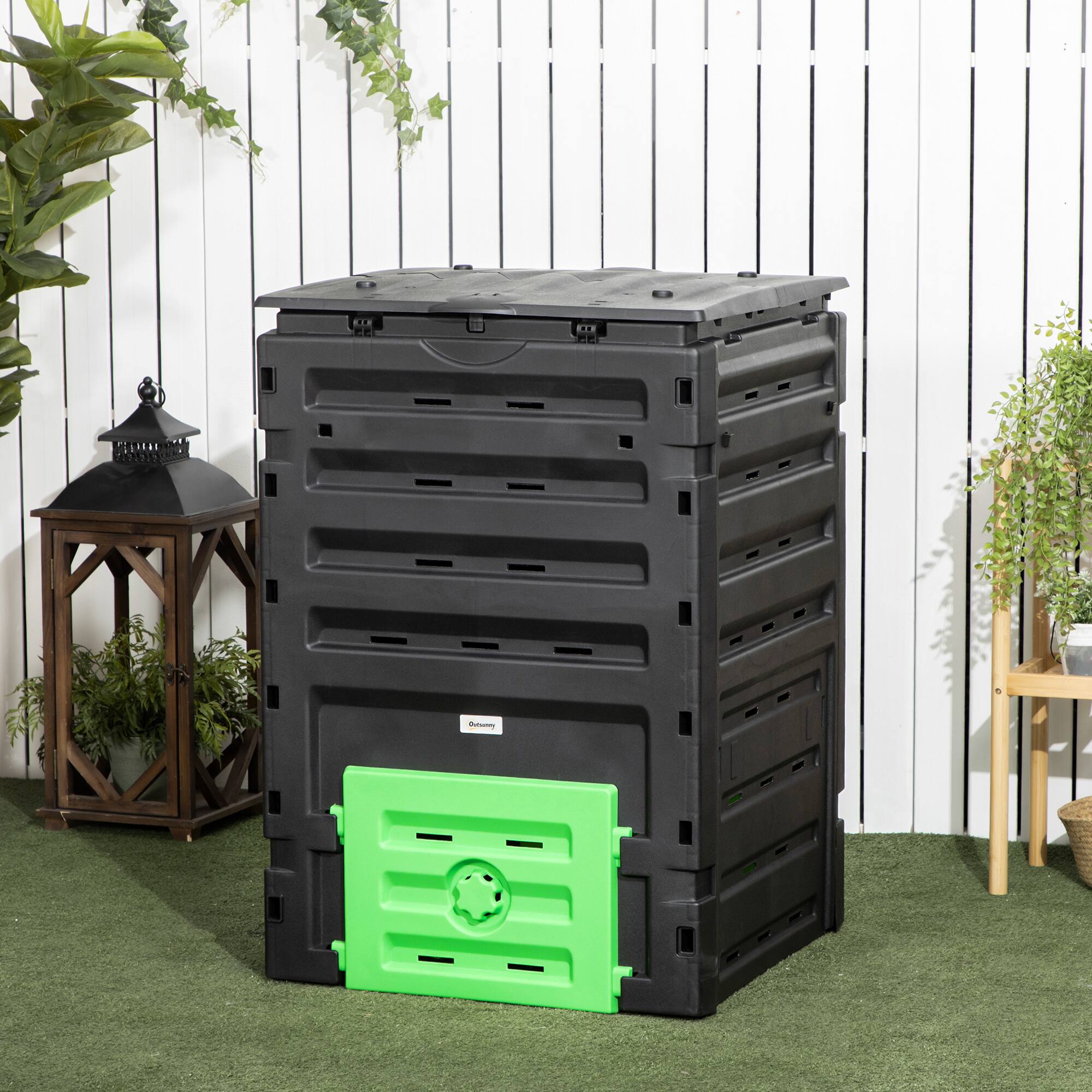 Alt View 1. Outsunny - Garden Compost Bin, 120 Gallon (450L) Garden Composter, BPA Free, with 80 Vents and 2 Sliding Doors - Black.