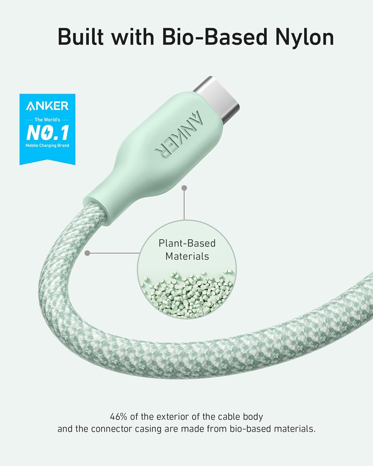 Built with Bio-Based Nylon

ANKER  
The World's NO.1 Mobile Charging Brand

Plant-Based Materials  
46% of the exterior of the cable body and the connector casing are made from bio-based materials.