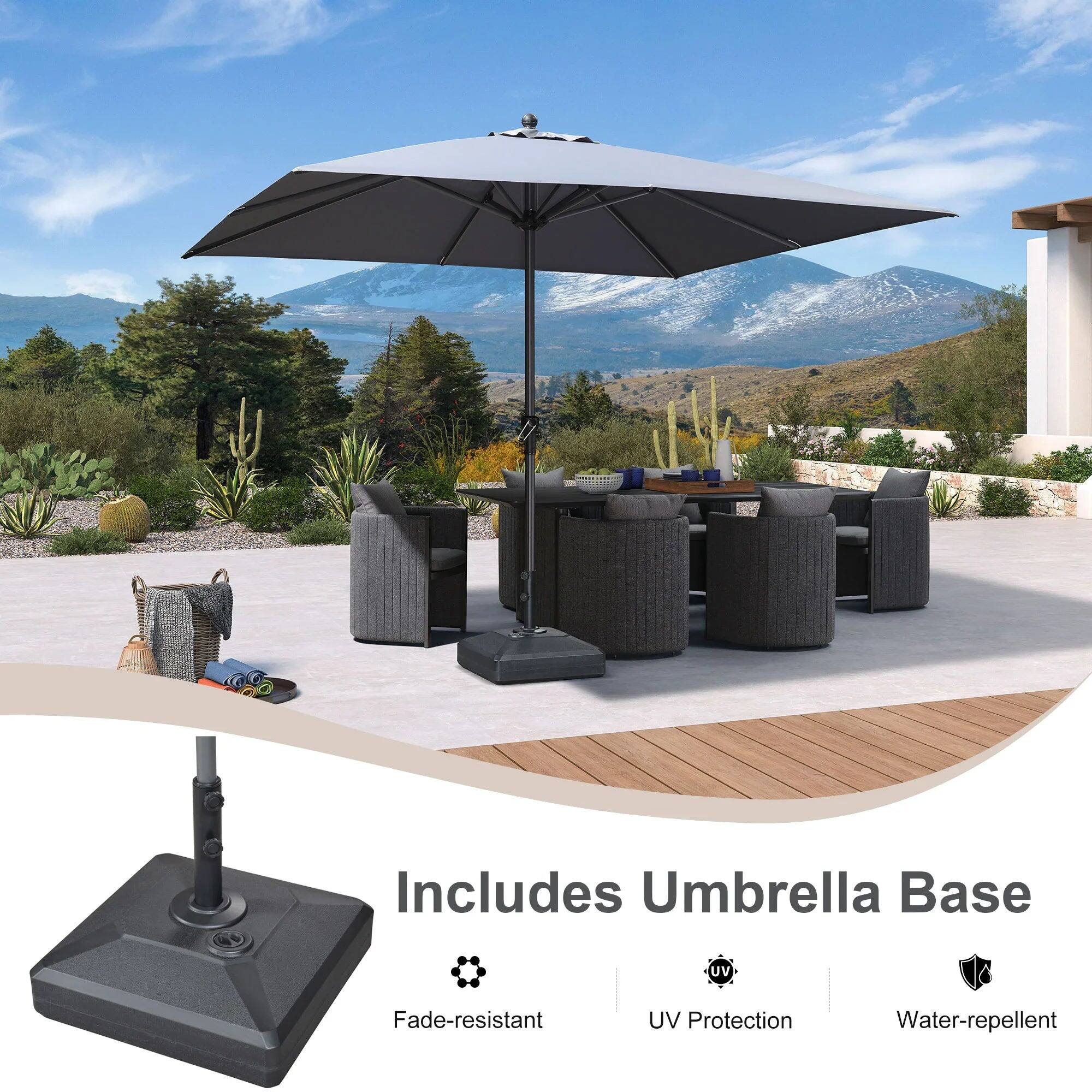 Includes Umbrella Base  
- Fade-resistant  
- UV Protection  
- Water-repellent