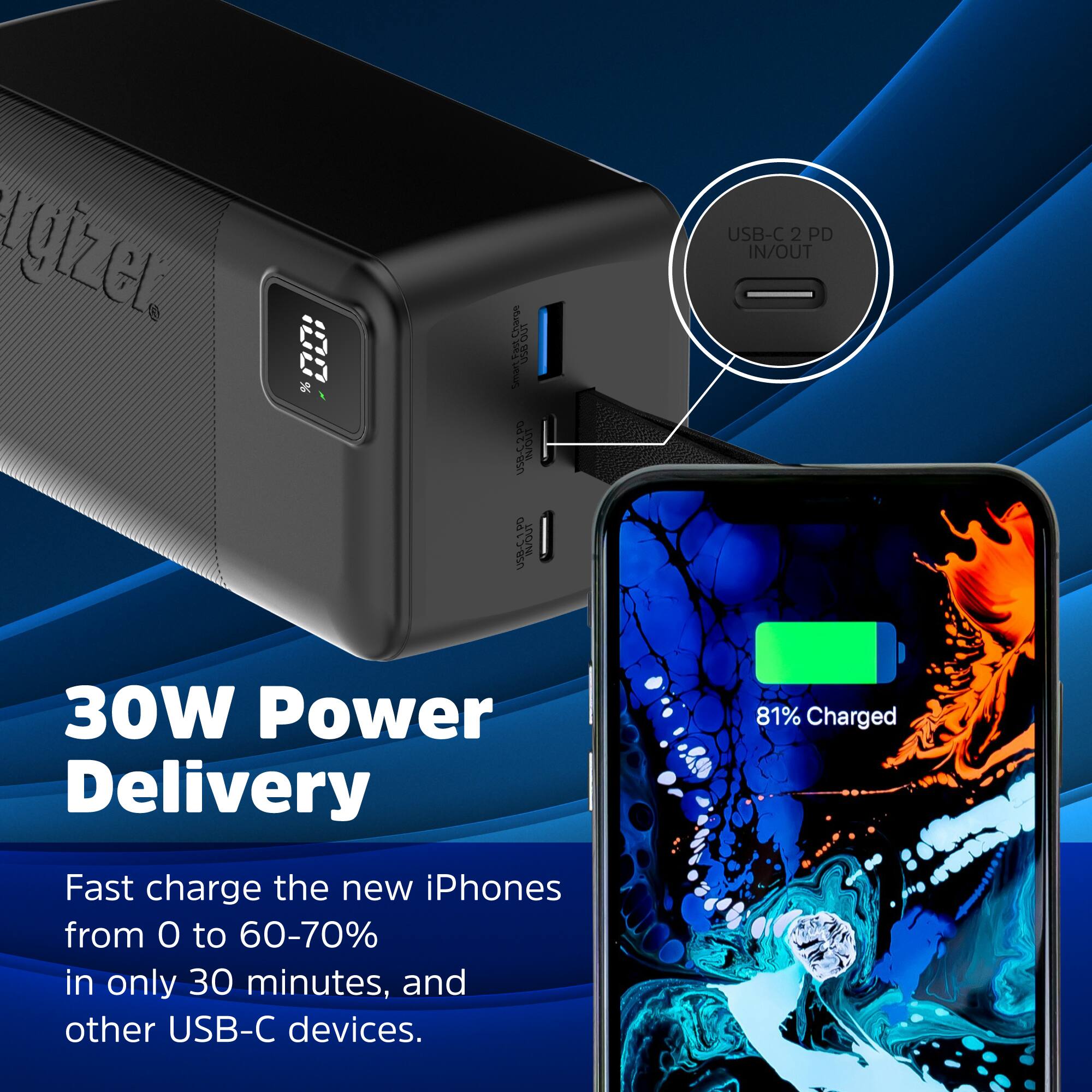 ryizer. An MFi USB-C to Lightning Cable. 30W Power Delivery. 81% Charged. Fast charge the new iPhones from O to 60-70% in only 30 minutes, and other USB-C devices.