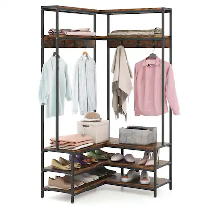 Front. Costway - Costway Corner Garment Rack L-shaped Clothes Rack with Open Shelves & Adjustable Foot Pads Rustic Brown - Rustic Brown.