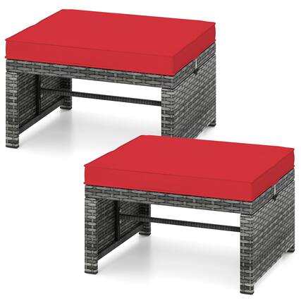 Front. Gymax - Gymax 2 Pieces Patio PE Rattan Ottomans with Soft Zippered Cushions for Deck Red - Red.