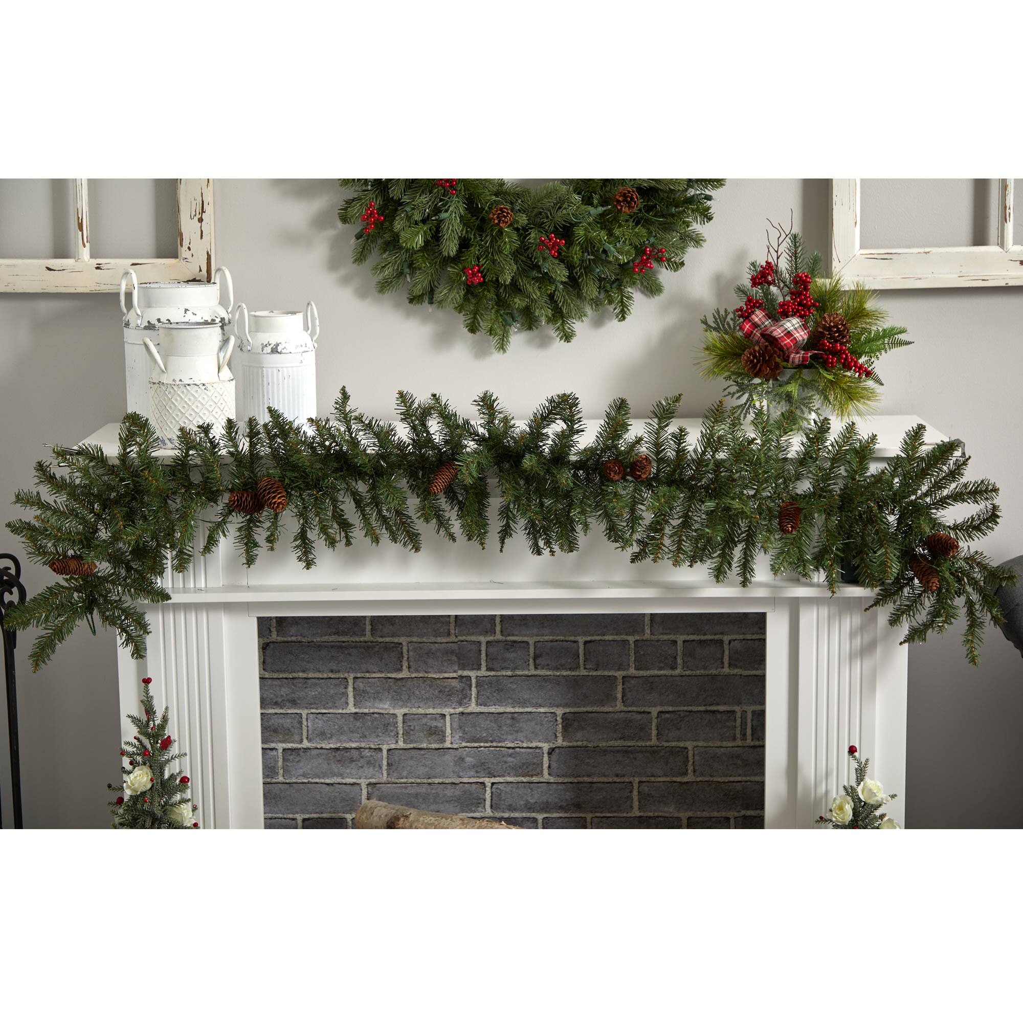 Left. BreeBe - 6' Pines Pinecones Christmas Garland w/150 Lvs & 50 LED's - Green.