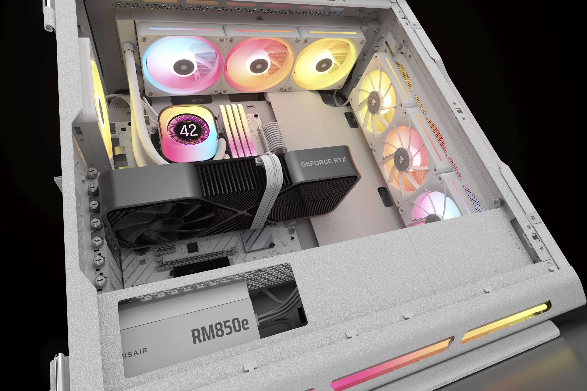 The text on the image reads: "42 5 GeForce RTX  RSair RM850e".