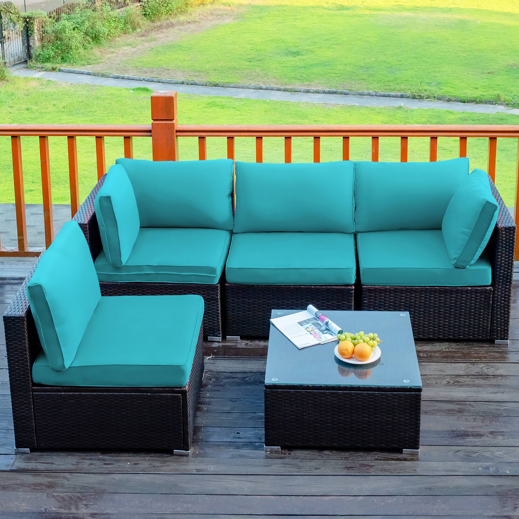 Alt View 1. Costway - 5PCS Patio Rattan Furniture Set Cushioned Sofa Chair Tea Table - Turquoise.