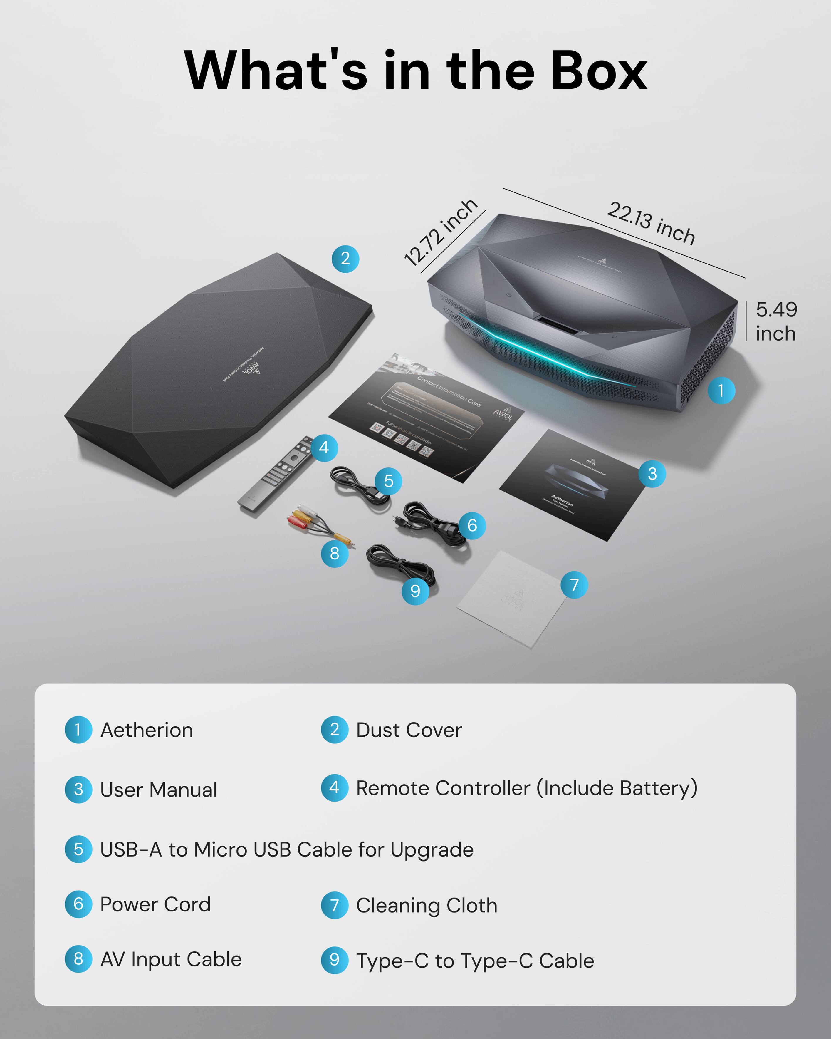 What's in the Box

1. Aetherion
2. Dust Cover
3. User Manual
4. Remote Controller (Include Battery)
5. USB-A to Micro USB Cable for Upgrade
6. Power Cord
7. Cleaning Cloth
8. AV Input Cable
9. Type-C to Type-C Cable

Dimensions:
- 2.72 inch
- 22.13 inch
- 5.49 inch