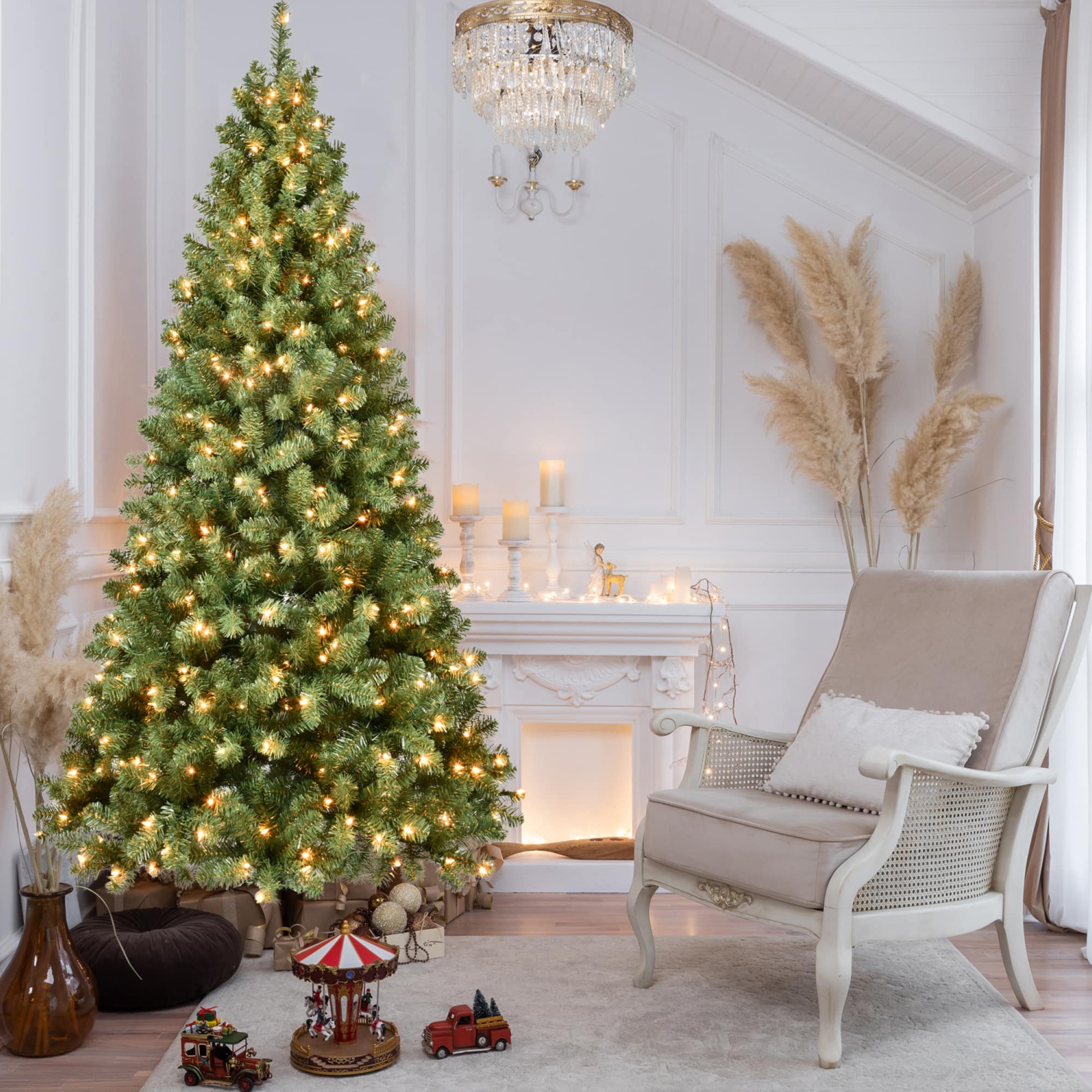 ELEMENT ACE - 6-Foot Pre-Lit Artificial Christmas Tree with 300 Warm White Lights and Auto-Unfold Technology - Green