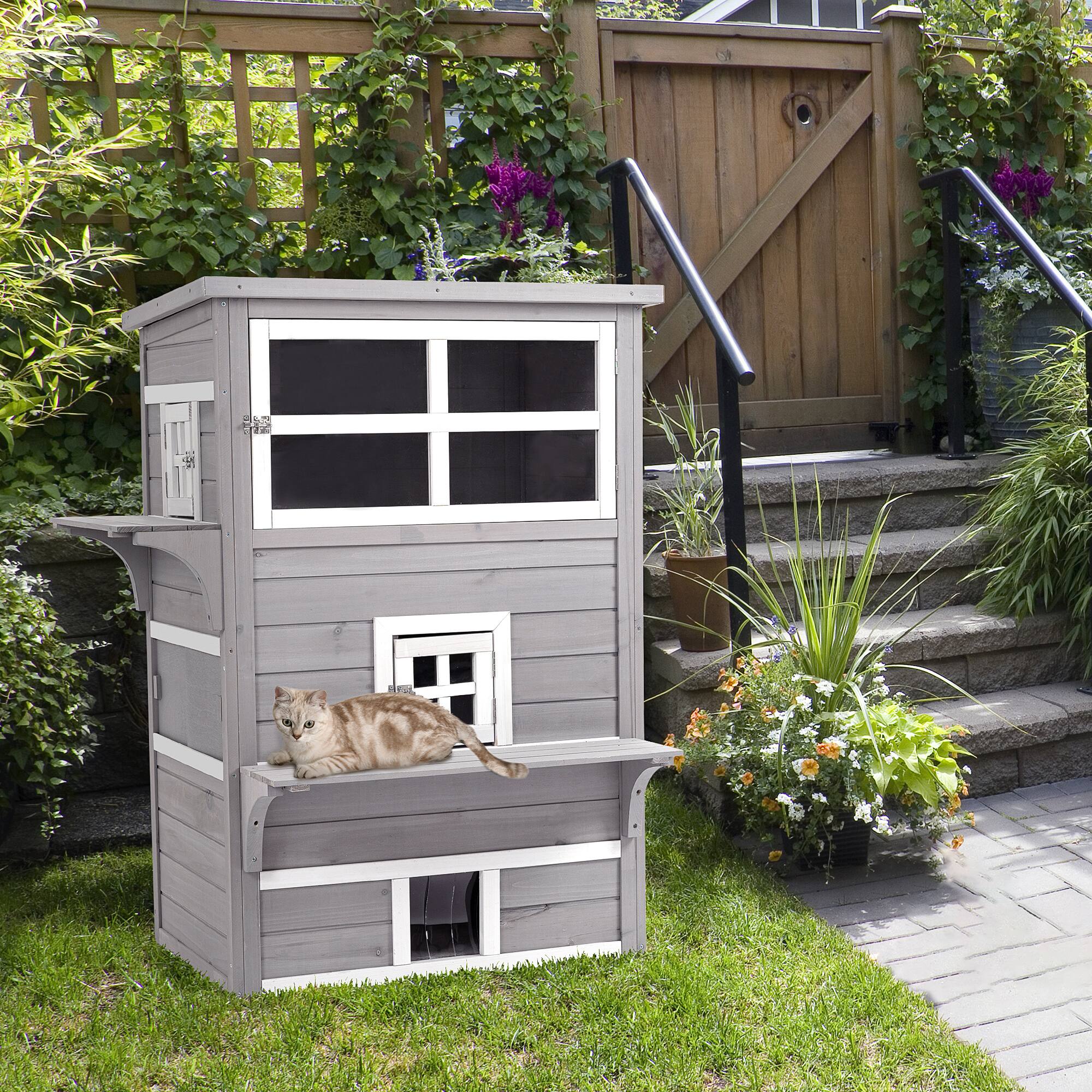 Alt View 5. Siljoy - Grey 3‑Story Cat House, Outdoor Feral Shelter with Asphalt Roof, 5 Doors & Jump Platforms.