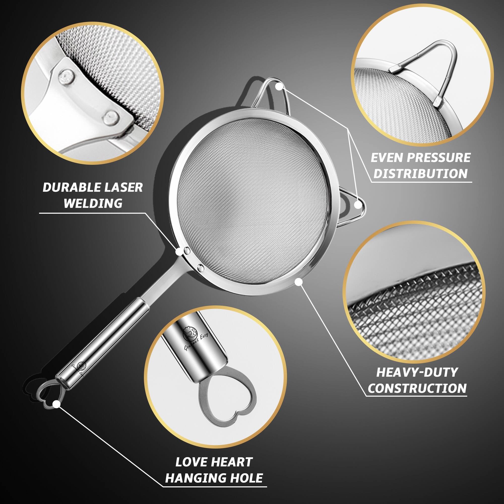 Angle. Gourmet Easy - Stainless Steel Fine Mesh Strainer Set: 1 Large Flour Sifter, 1 Small Pasta/Rice Sieve, 1 Silicone Can Strainer, Durable - Stainless Steel.