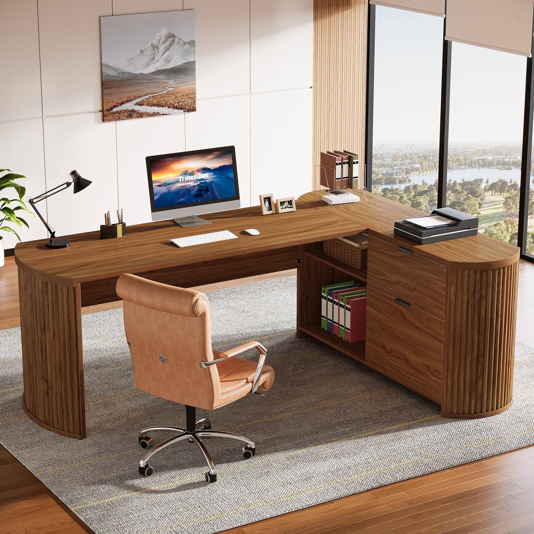 Alt View 2. Tribesigns - 79" L Shaped Executive Desk with File Drawers, Brown - Brown.
