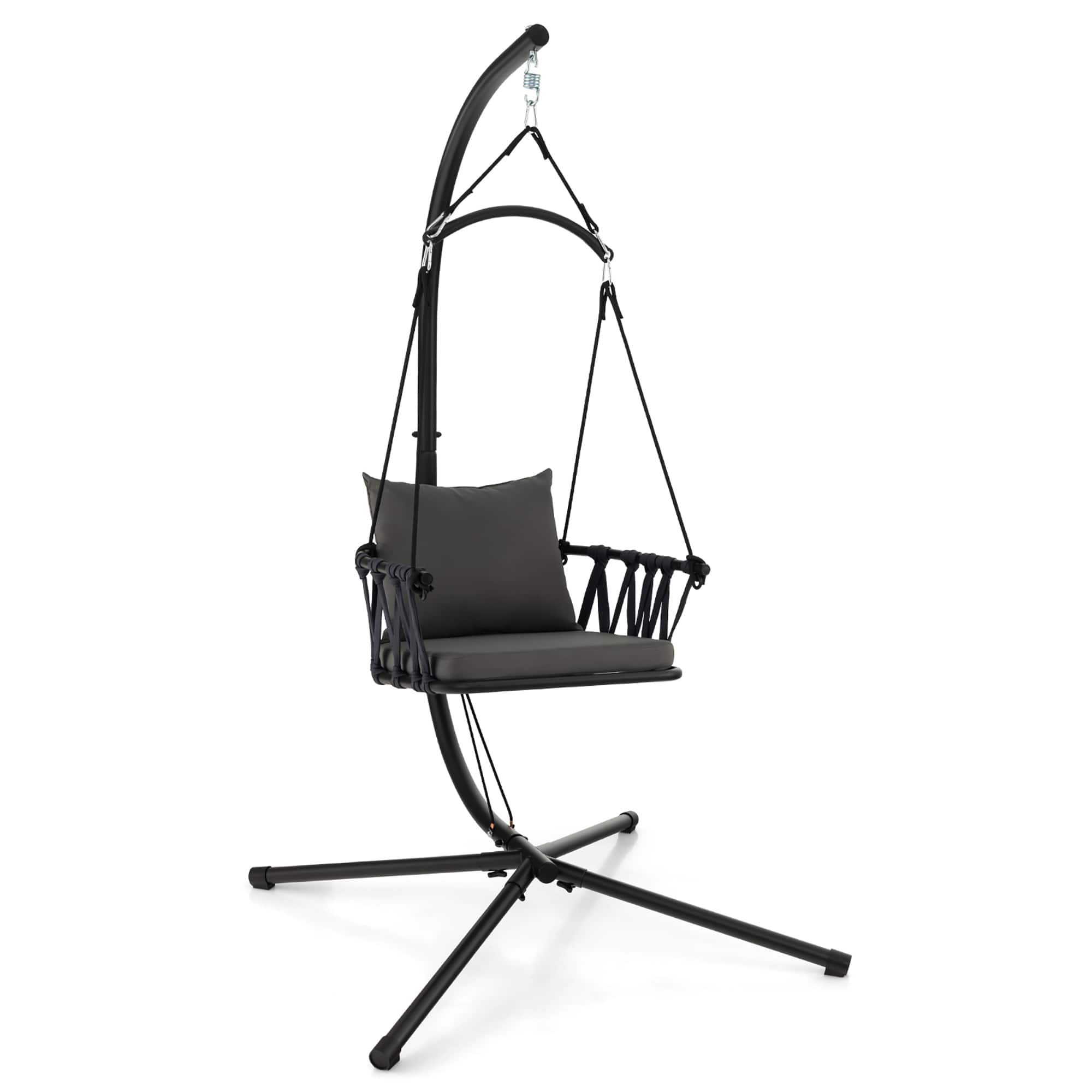 Gymax - Swing Chair w/ Stand Patio Hanging Swing Chair w/ Comfortable Seat & Back Cushions - Grey, Black