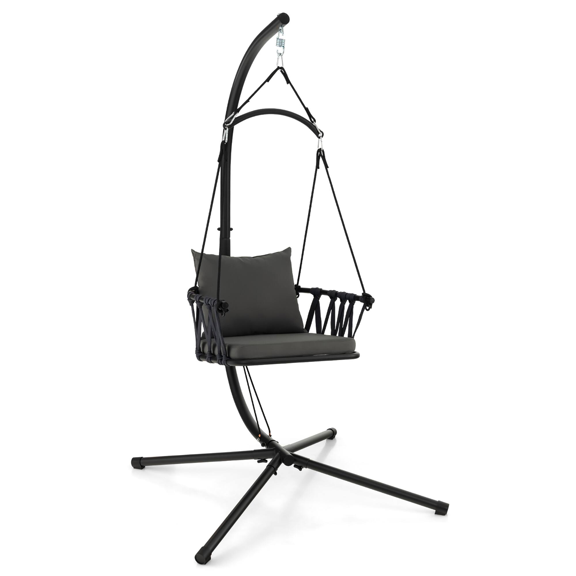 Front. Gymax - Gymax Swing Chair w/ Stand Patio Hanging Swing Chair w/ Comfortable Seat & Back Cushions - Grey, Black.